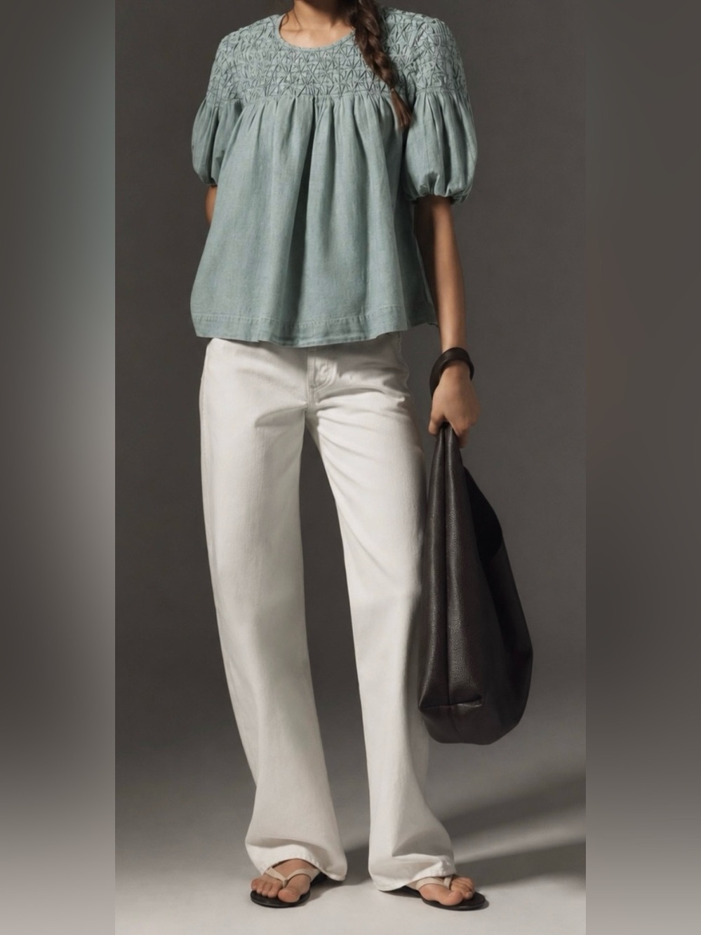Anthropologie Linen Blend Sage Green Short Puff-Sleeve Pleated Blouse - Size L